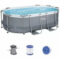 Bestway Power Steel 10' X 6'7" X 33"/3.05m X 2.00m X 84cm Oval Pool Set, Piscine (Gris/Bleu, 3668 L, Piscine Hors Sol, Adultes Et Enfants, Gris, Blanc, 26,7 Kg)