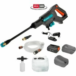 GARDENA AquaClean 24/18 V P4A Premium Set, Nettoyeur Pression (Gris/Turquoise, 14800-31, Batterie Incluse)